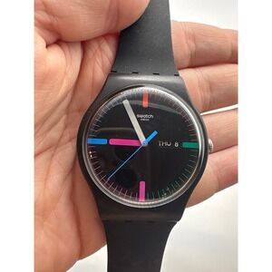 Vintage Swatch Swiss Made Black Watch Multicolor Day Date GB743 Needs Battery